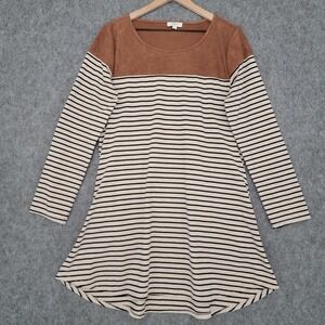 Umgee Dress Womens M Black White Stripe Brown Faux Suede Elbow Patch Pockets